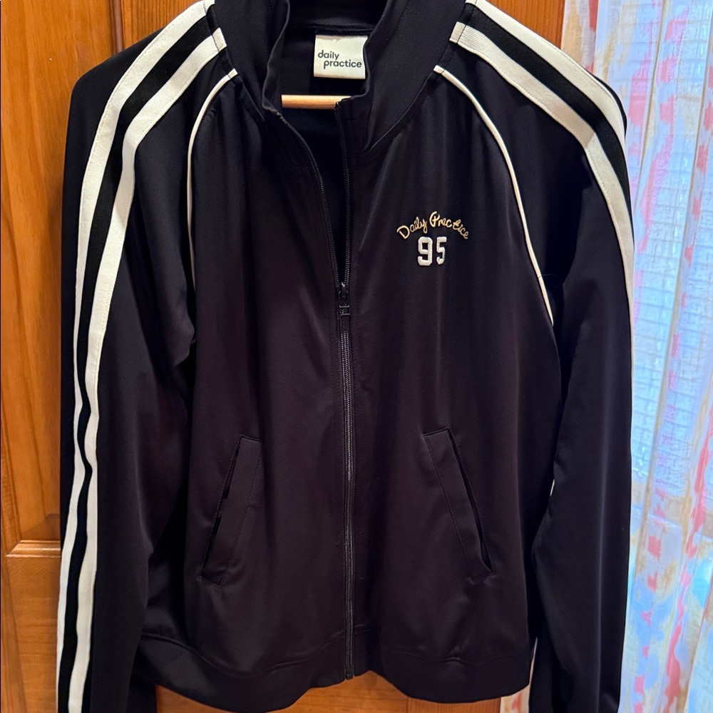 Anthropologie Daily Practice Black White Track Jacket with Gold Embroidery